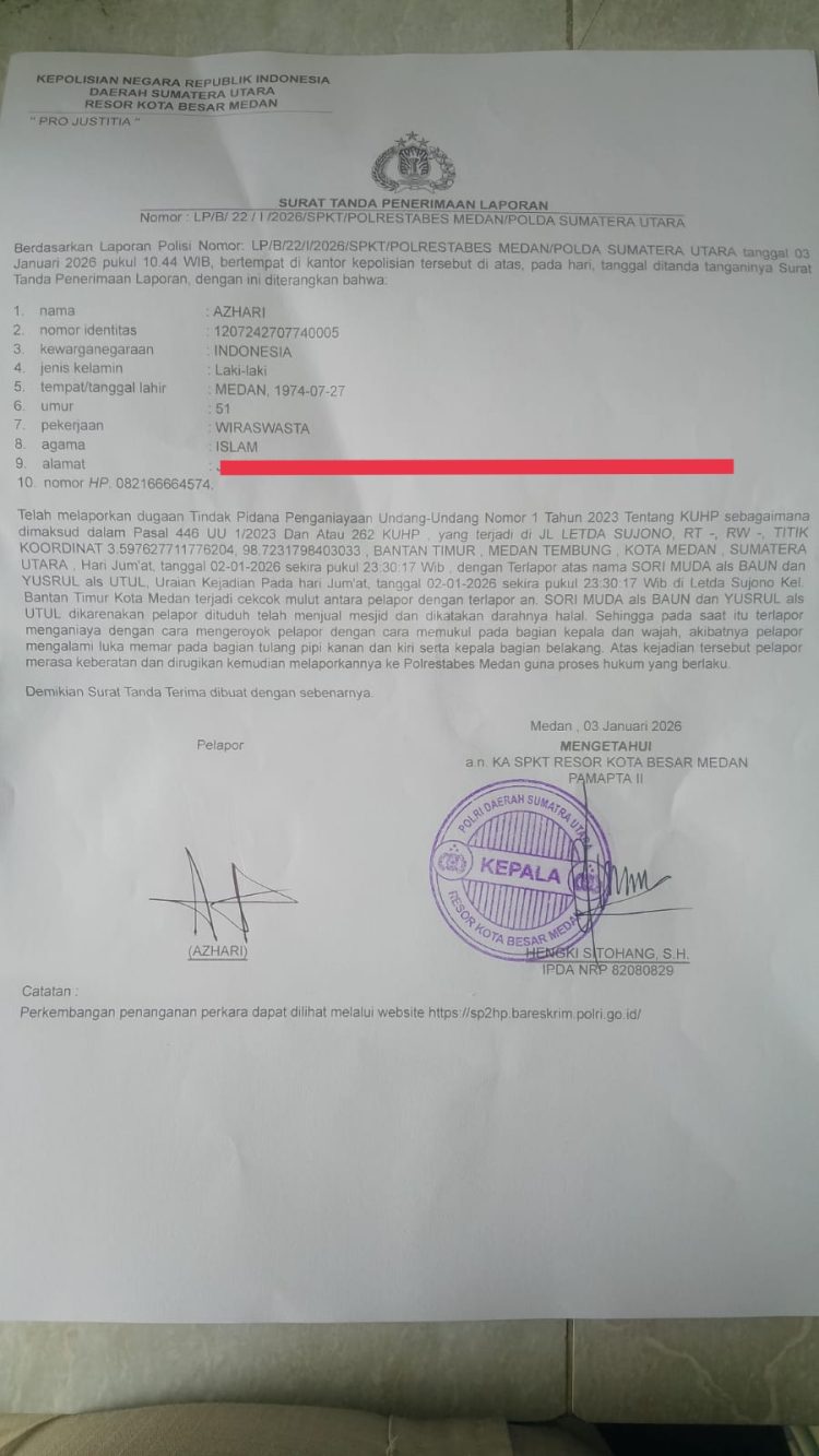 Surat Laporan LP Korbam Azhari ke Polrestabes Medan, Sabtu (3/1/2026)